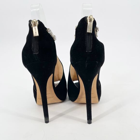 Jimmy Choo Farah Black Suede Crystal Trim Peep Toe Platform Pump Sandal IT 37.5 - Picture 7 of 11